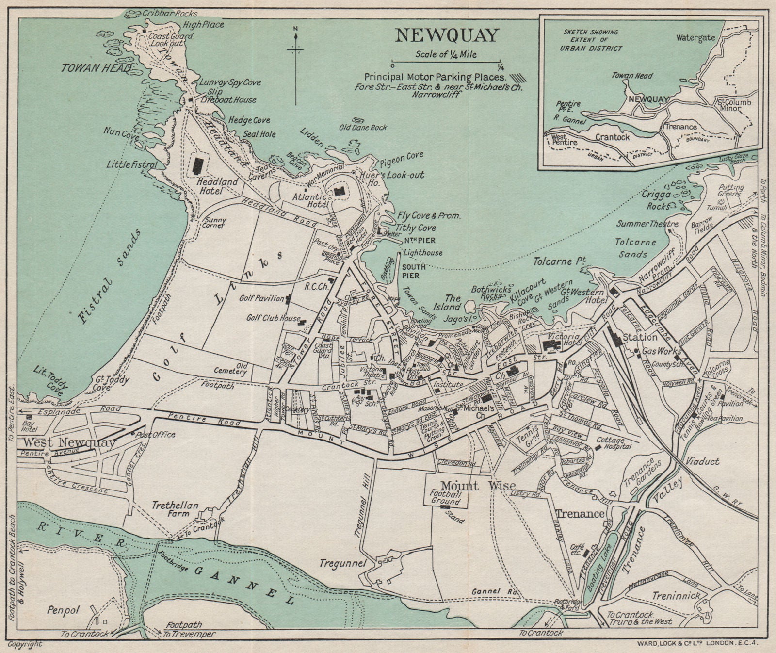 NEWQUAY vintage town/city plan. Cornwall. WARD LOCK 1936 old vintage map chart